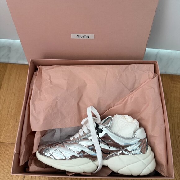 NWT Miu Miu Low Top Sneakers Metallic Silver Chunky Rubber Sole Stitching - Picture 4 of 11